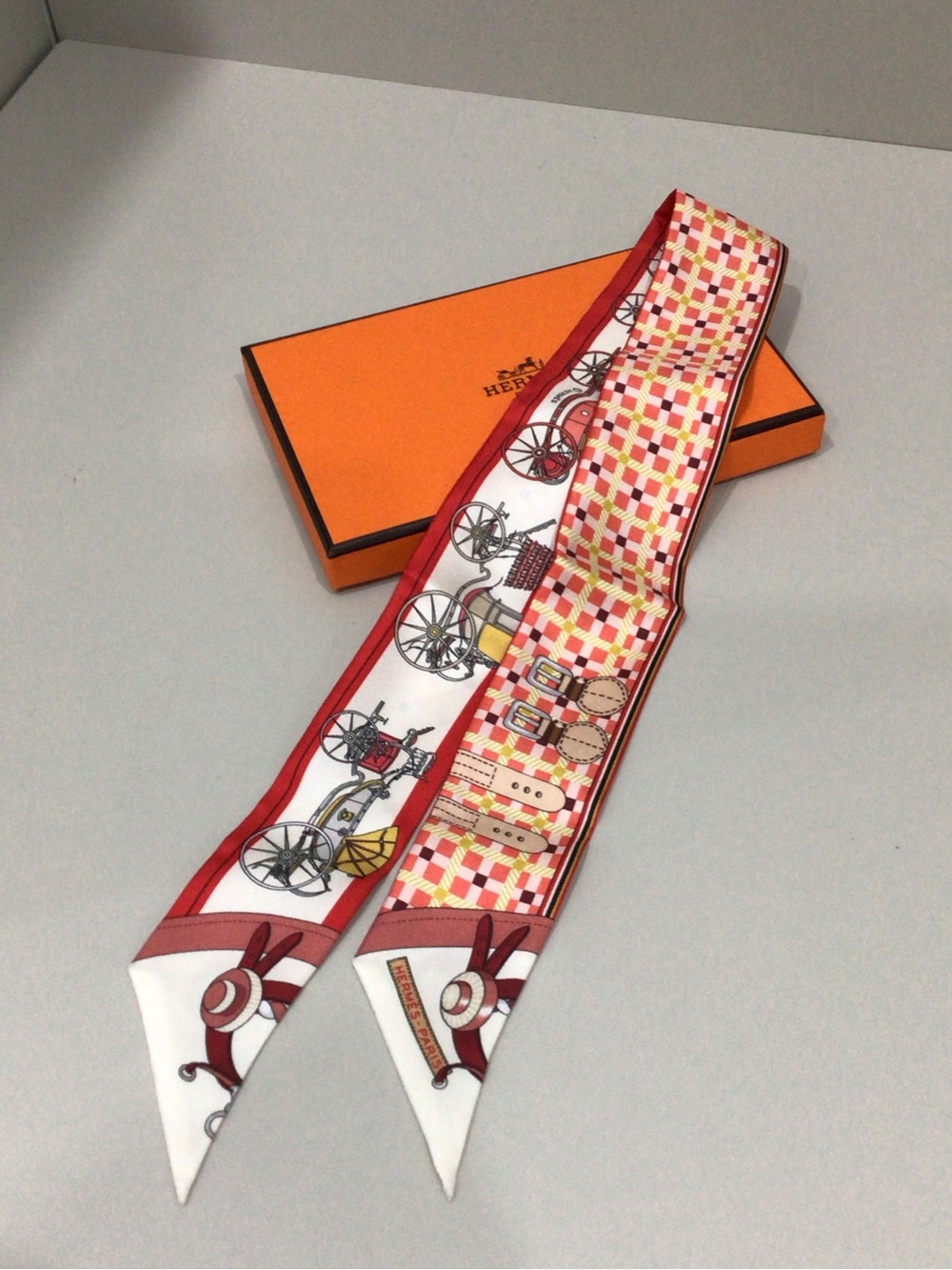 Hermes Red & White Silk Twilly Scarf